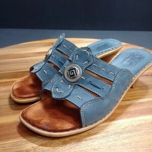 Tsonga Leather Blue Nubuck‎ Leather Slide Sandals Slip On Womens US 8 Concho